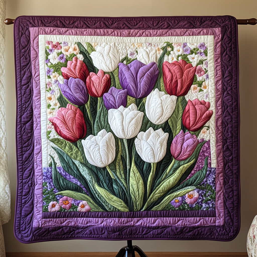 Violet Garden Quilted Blanket Nice Throw Blanket Tulip Themed Gifts For Her - Marykun