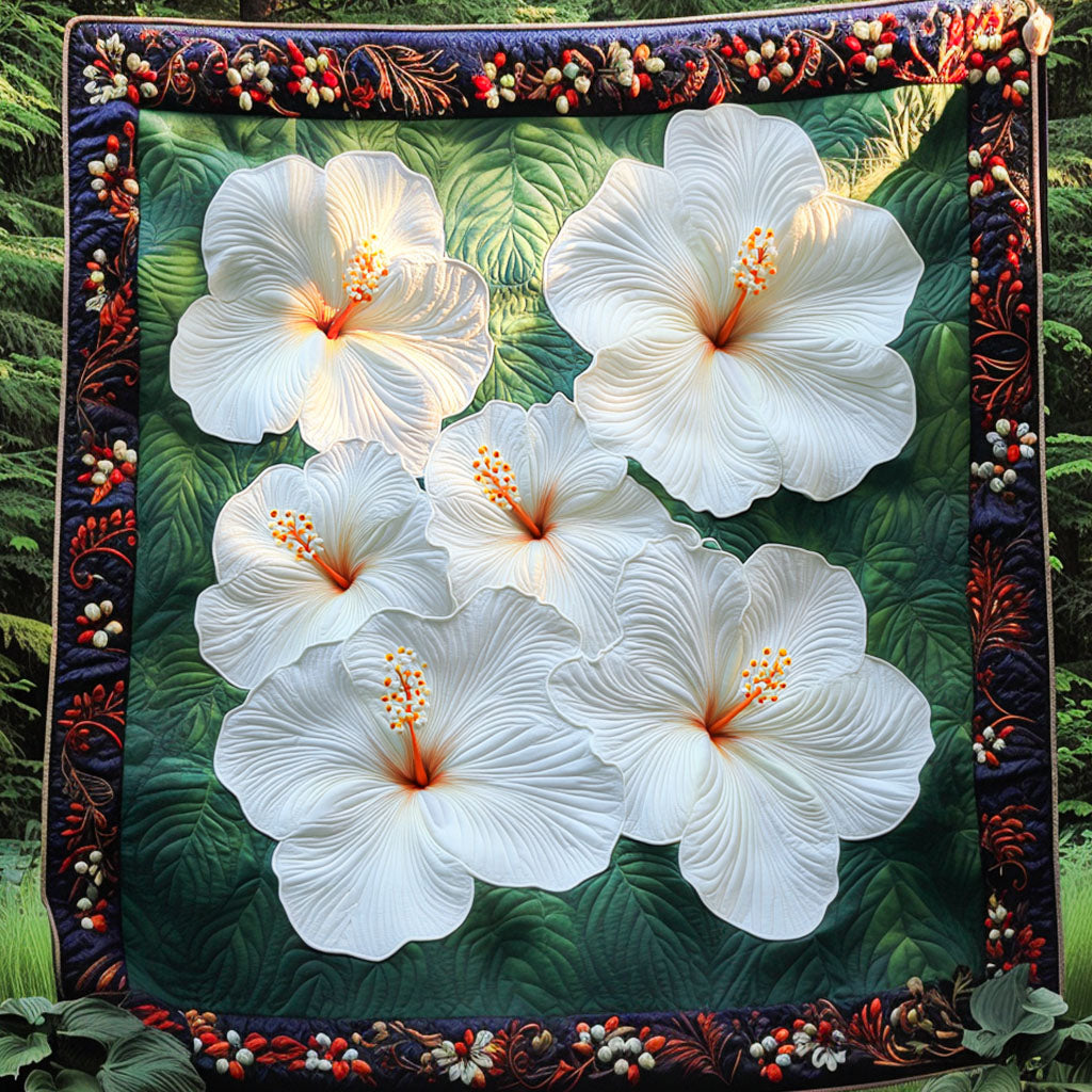 White Hibiscus Grace Quilted Blanket Cute Throw Blanket Gifts For The Flower Lover - Marykun